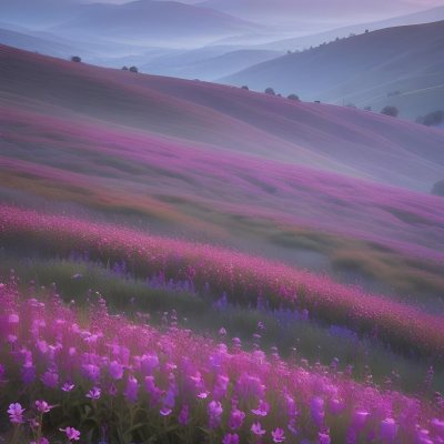 Minimal Soft Studio Light Photography A Serene Landscape With Rolling Hills And Mountains In The Background Covered In A Hazy Mist In The Foreground There Are Vibrant Purple And Pink Wildflowers Blooming Creating A 7 4b3a