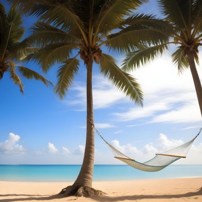 Minimal Soft Studio Light Photography Beach Scene With Two Tall Palm Trees On Either Side A Blue Hammock Strung Between Them Soft Sandy Shore Calm Turquoise Water And A Clear Blue Sky With A Few Clouds In The Backg 10 5ac5