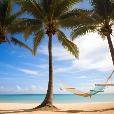 Minimal Soft Studio Light Photography Beach Scene With Two Tall Palm Trees On Either Side A Blue Hammock Strung Between Them Soft Sandy Shore Calm Turquoise Water And A Clear Blue Sky With A Few Clouds In The Backg 11 30dc