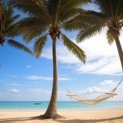 Minimal Soft Studio Light Photography Beach Scene With Two Tall Palm Trees On Either Side A Blue Hammock Strung Between Them Soft Sandy Shore Calm Turquoise Water And A Clear Blue Sky With A Few Clouds In The Backg 12 3fd9