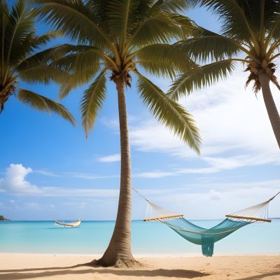 Minimal Soft Studio Light Photography Beach Scene With Two Tall Palm Trees On Either Side A Blue Hammock Strung Between Them Soft Sandy Shore Calm Turquoise Water And A Clear Blue Sky With A Few Clouds In The Backg 3 Bc3f