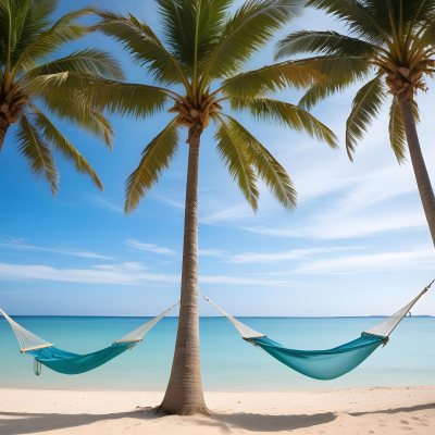 Minimal Soft Studio Light Photography Beach Scene With Two Tall Palm Trees On Either Side A Blue Hammock Strung Between Them Soft Sandy Shore Calm Turquoise Water And A Clear Blue Sky With A Few Clouds In The Backg 4 E2c3