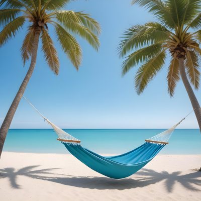 Minimal Soft Studio Light Photography Beach Scene With Two Tall Palm Trees On Either Side A Blue Hammock Strung Between Them Soft Sandy Shore Calm Turquoise Water And A Clear Blue Sky With A Few Clouds In The Backg 5 585e