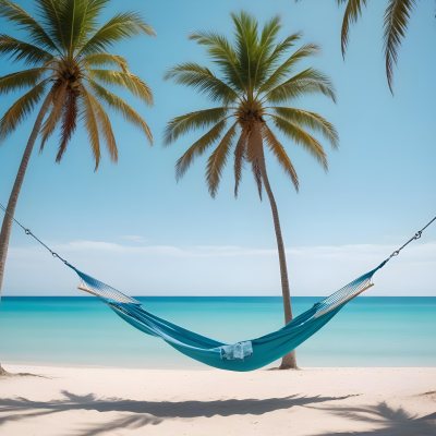 Minimal Soft Studio Light Photography Beach Scene With Two Tall Palm Trees On Either Side A Blue Hammock Strung Between Them Soft Sandy Shore Calm Turquoise Water And A Clear Blue Sky With A Few Clouds In The Backg 6 3fca