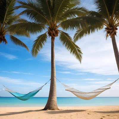 Minimal Soft Studio Light Photography Beach Scene With Two Tall Palm Trees On Either Side A Blue Hammock Strung Between Them Soft Sandy Shore Calm Turquoise Water And A Clear Blue Sky With A Few Clouds In The Backg 7 F2a3