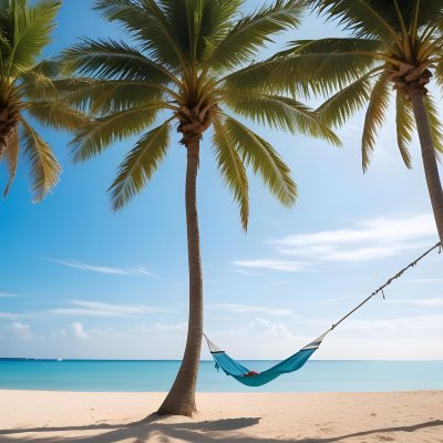 Minimal Soft Studio Light Photography Beach Scene With Two Tall Palm Trees On Either Side A Blue Hammock Strung Between Them Soft Sandy Shore Calm Turquoise Water And A Clear Blue Sky With A Few Clouds In The Backg 8 F51b