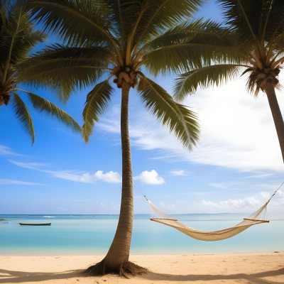 Minimal Soft Studio Light Photography Beach Scene With Two Tall Palm Trees On Either Side A Blue Hammock Strung Between Them Soft Sandy Shore Calm Turquoise Water And A Clear Blue Sky With A Few Clouds In The Backg 9 0d6c