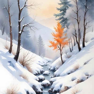 Oil Painting Winter Landscape With Snow Covered Hills And Snow Covered Trees Watercolor Style Soft Pastel Colors A Single Orange Tree Stands Out In The Foreground Soft Light In The Background Creative Extremely De 10 Bc6c
