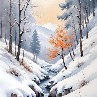 Oil Painting Winter Landscape With Snow Covered Hills And Snow Covered Trees Watercolor Style Soft Pastel Colors A Single Orange Tree Stands Out In The Foreground Soft Light In The Background Creative Extremely De 13 1c08