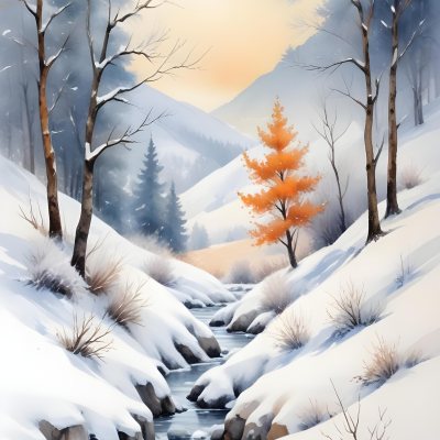 Oil Painting Winter Landscape With Snow Covered Hills And Snow Covered Trees Watercolor Style Soft Pastel Colors A Single Orange Tree Stands Out In The Foreground Soft Light In The Background Creative Extremely De 14 4751