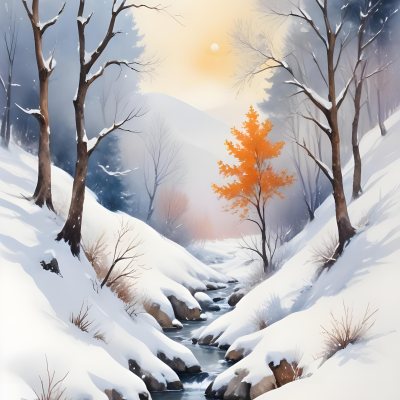 Oil Painting Winter Landscape With Snow Covered Hills And Snow Covered Trees Watercolor Style Soft Pastel Colors A Single Orange Tree Stands Out In The Foreground Soft Light In The Background Creative Extremely De 15 0038