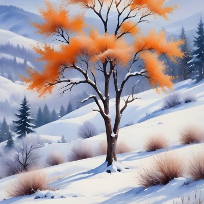 Oil Painting Winter Landscape With Snow Covered Hills And Snow Covered Trees Watercolor Style Soft Pastel Colors A Single Orange Tree Stands Out In The Foreground Soft Light In The Background Creative Extremely De 17 5546