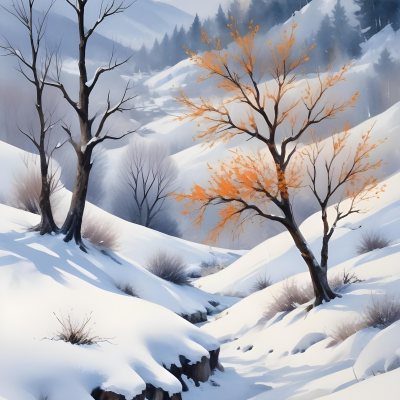 Oil Painting Winter Landscape With Snow Covered Hills And Snow Covered Trees Watercolor Style Soft Pastel Colors A Single Orange Tree Stands Out In The Foreground Soft Light In The Background Creative Extremely De 19 5006