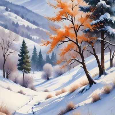Oil Painting Winter Landscape With Snow Covered Hills And Snow Covered Trees Watercolor Style Soft Pastel Colors A Single Orange Tree Stands Out In The Foreground Soft Light In The Background Creative Extremely De 20 93bd