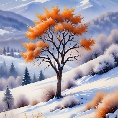 Oil Painting Winter Landscape With Snow Covered Hills And Snow Covered Trees Watercolor Style Soft Pastel Colors A Single Orange Tree Stands Out In The Foreground Soft Light In The Background Creative Extremely De 23 4feb