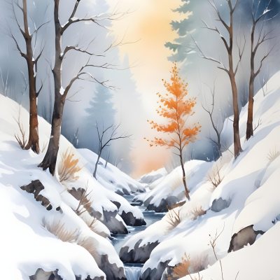 Oil Painting Winter Landscape With Snow Covered Hills And Snow Covered Trees Watercolor Style Soft Pastel Colors A Single Orange Tree Stands Out In The Foreground Soft Light In The Background Creative Extremely De 3 Ca0d