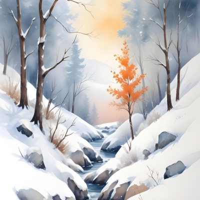 Oil Painting Winter Landscape With Snow Covered Hills And Snow Covered Trees Watercolor Style Soft Pastel Colors A Single Orange Tree Stands Out In The Foreground Soft Light In The Background Creative Extremely De 6 2756