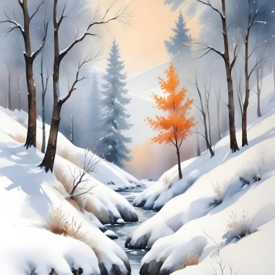 Oil Painting Winter Landscape With Snow Covered Hills And Snow Covered Trees Watercolor Style Soft Pastel Colors A Single Orange Tree Stands Out In The Foreground Soft Light In The Background Creative Extremely De 7 90ec