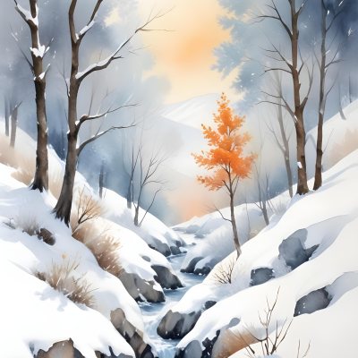 Oil Painting Winter Landscape With Snow Covered Hills And Snow Covered Trees Watercolor Style Soft Pastel Colors A Single Orange Tree Stands Out In The Foreground Soft Light In The Background Creative Extremely De 8 683e