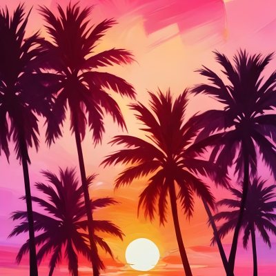 Silhouettes Of Palm Trees Against A Vibrant Pink And Orange Sunset Sky 262 5299