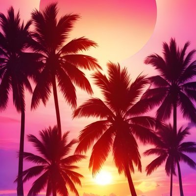 Silhouettes Of Palm Trees Against A Vibrant Pink And Orange Sunset Sky 66 Eb03