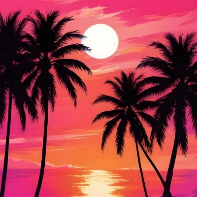 Silhouettes Of Palm Trees Against A Vibrant Pink And Orange Sunset Sky 74 F320