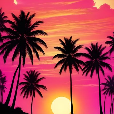 Silhouettes Of Palm Trees Against A Vibrant Pink And Orange Sunset Sky 76 6eec
