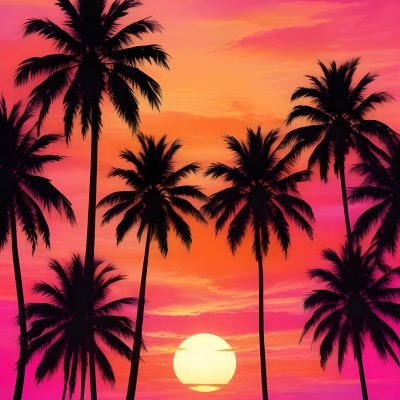 Silhouettes Of Palm Trees Against A Vibrant Pink And Orange Sunset Sky 82 F0fb