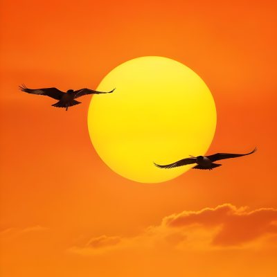 Two Birds Flying Against A Large Bright Yellow Sun Set Against An Orange Sky The Background Features Soft Blended Clouds In Shades Of Orange And Yellow 12 064e