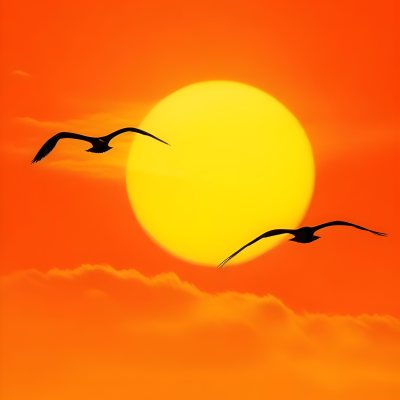 Two Birds Flying Against A Large Bright Yellow Sun Set Against An Orange Sky The Background Features Soft Blended Clouds In Shades Of Orange And Yellow 17 B678