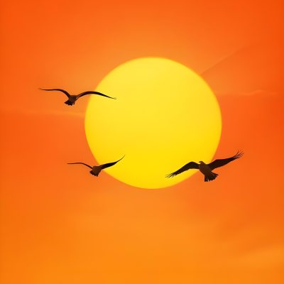 Two Birds Flying Against A Large Bright Yellow Sun Set Against An Orange Sky The Background Features Soft Blended Clouds In Shades Of Orange And Yellow 21 9986