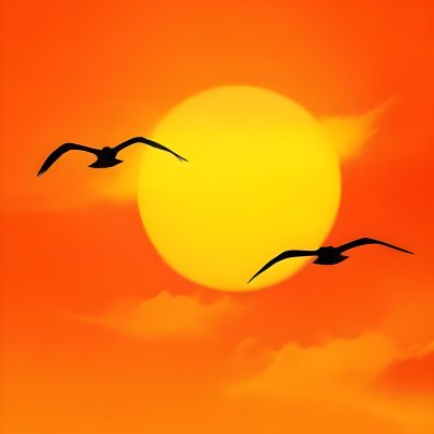 Two Birds Flying Against A Large Bright Yellow Sun Set Against An Orange Sky The Background Features Soft Blended Clouds In Shades Of Orange And Yellow 3 4059