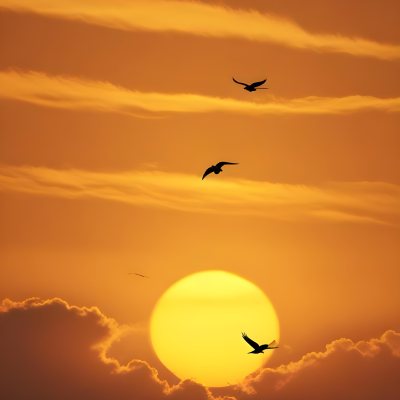 Two Birds Flying Against A Large Bright Yellow Sun Set Against An Orange Sky The Background Features Soft Blended Clouds In Shades Of Orange And Yellow 36 A639