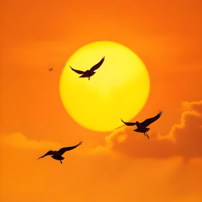 Two Birds Flying Against A Large Bright Yellow Sun Set Against An Orange Sky The Background Features Soft Blended Clouds In Shades Of Orange And Yellow 39 52c7