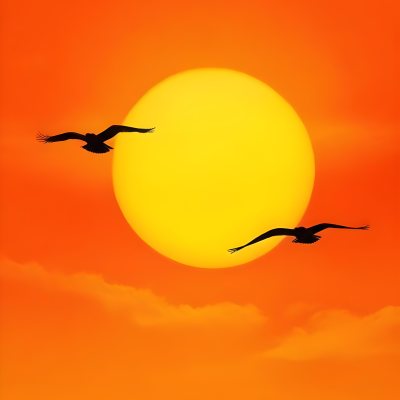Two Birds Flying Against A Large Bright Yellow Sun Set Against An Orange Sky The Background Features Soft Blended Clouds In Shades Of Orange And Yellow 4 4588