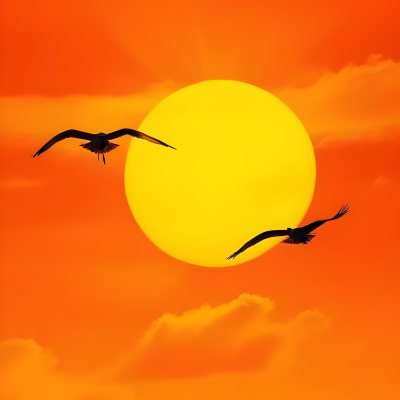 Two Birds Flying Against A Large Bright Yellow Sun Set Against An Orange Sky The Background Features Soft Blended Clouds In Shades Of Orange And Yellow 46 4f08
