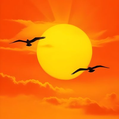 Two Birds Flying Against A Large Bright Yellow Sun Set Against An Orange Sky The Background Features Soft Blended Clouds In Shades Of Orange And Yellow 47 C74a