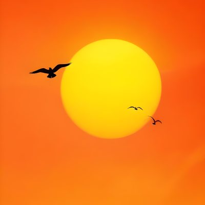 Two Birds Flying Against A Large Bright Yellow Sun Set Against An Orange Sky The Background Features Soft Blended Clouds In Shades Of Orange And Yellow 5 C4b2