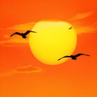 Two Birds Flying Against A Large Bright Yellow Sun Set Against An Orange Sky The Background Features Soft Blended Clouds In Shades Of Orange And Yellow 8 668d