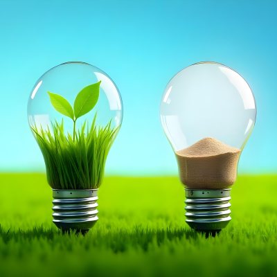 Two Light Bulbs One With Green Grass And Leaves Growing Out Of It The Other Filled With Sand On A Green Field With A Blue Sky 30 1d79