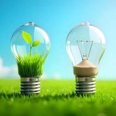 Two Light Bulbs One With Green Grass And Leaves Growing Out Of It The Other Filled With Sand On A Green Field With A Blue Sky 37 7dab