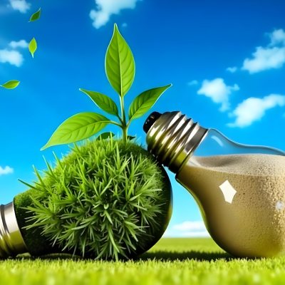 Two Light Bulbs One With Green Grass And Leaves Growing Out Of It The Other Filled With Sand On A Green Field With A Blue Sky 43 10e7