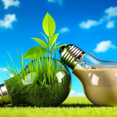 Two Light Bulbs One With Green Grass And Leaves Growing Out Of It The Other Filled With Sand On A Green Field With A Blue Sky 46 6acb