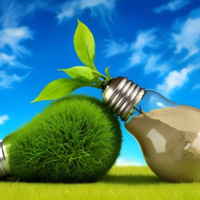 Two Light Bulbs One With Green Grass And Leaves Growing Out Of It The Other Filled With Sand On A Green Field With A Blue Sky 55 5b70