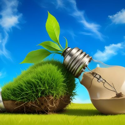 Two Light Bulbs One With Green Grass And Leaves Growing Out Of It The Other Filled With Sand On A Green Field With A Blue Sky 59 2f0f