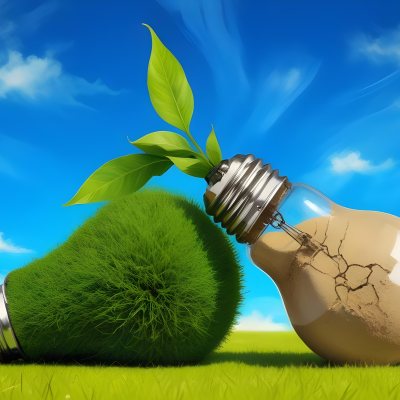Two Light Bulbs One With Green Grass And Leaves Growing Out Of It The Other Filled With Sand On A Green Field With A Blue Sky 71 986a