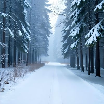 A Snowy Forest Path With Tall Pine Trees Covered In Snow On Both Sides Creating A Serene And Peaceful Winter Landscape 2 46f2