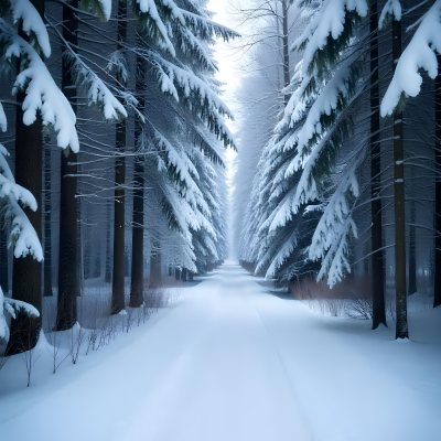 A Snowy Forest Path With Tall Pine Trees Covered In Snow On Both Sides Creating A Serene And Peaceful Winter Landscape 7 6f20