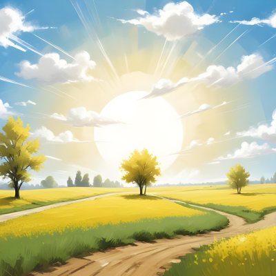 A Sunny Day With A White Sun And White Clouds Over A Yellow Field With A Dirt Road And Some Trees 8 8761
