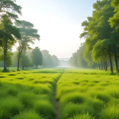 A Vibrant Green Field With Lush Grass Flanked By Tall Trees With Green Leaves Leading To A Bright Hazy Horizon In A Natural Environment 25 5fd8